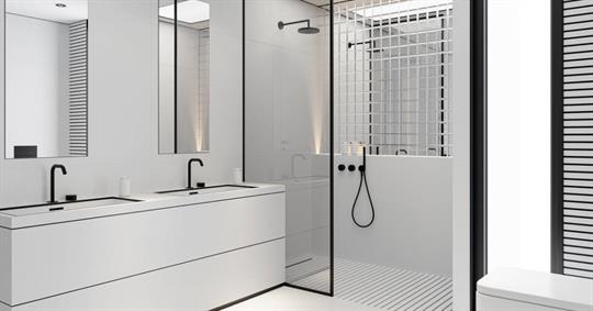 Modern bathroom with trendy glass door